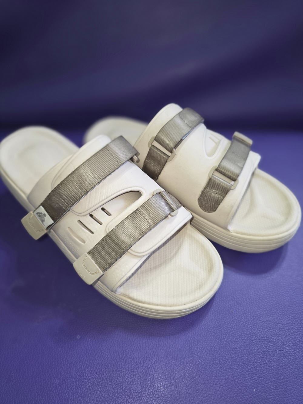 Suicoke White Slide Sandals with Silver Gray Straps